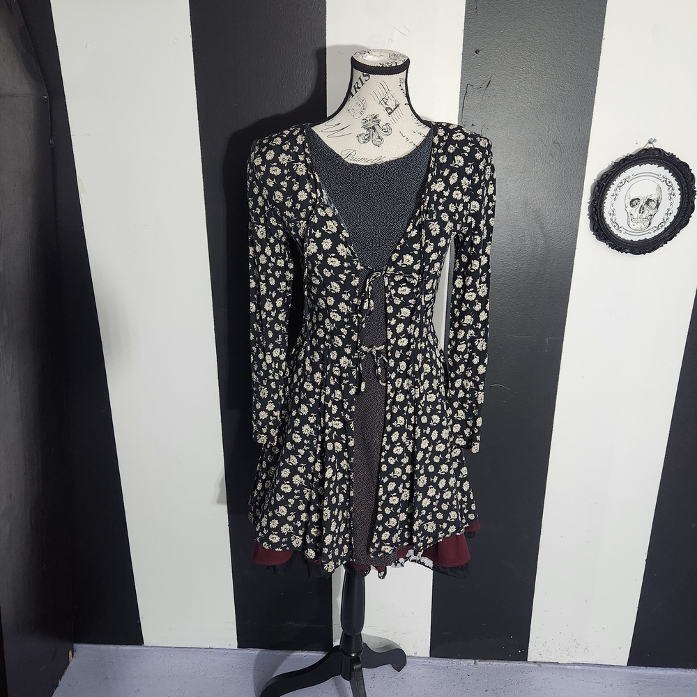 Vintage Black Mini Dress with Cream Floral Print
